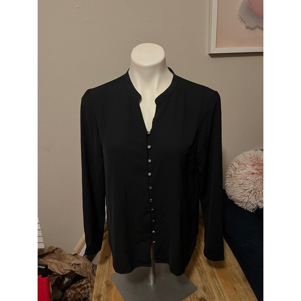 Allen Solly Black Long Sleeve Button Down Split Neck Blouse‎ Top AWTPG1288 XXL